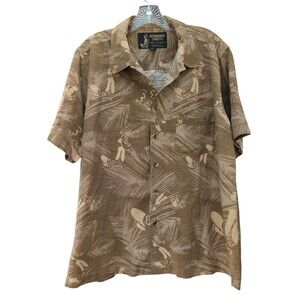 Hinano Tahiti Hawaiian Aloha Shirt Mens M Brown Hula Girl Tropical Rayon Cotton